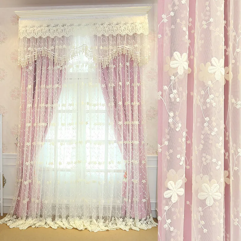 

Modern Double Layer Pink Curtains for Living Room Dining Bedroom Embroidered Solid Beige White Tulle Sheer Window Custom Size