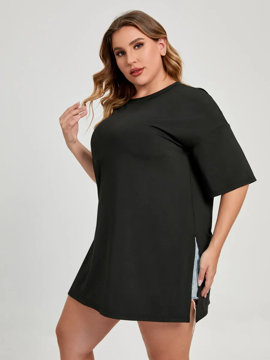 

7 Colors L-4XL Big Size Midi Basic T Shirt Women Summer Split Tee Shirt Loose Solid Woman Casual T-shirts Plus Size Tops Tunique