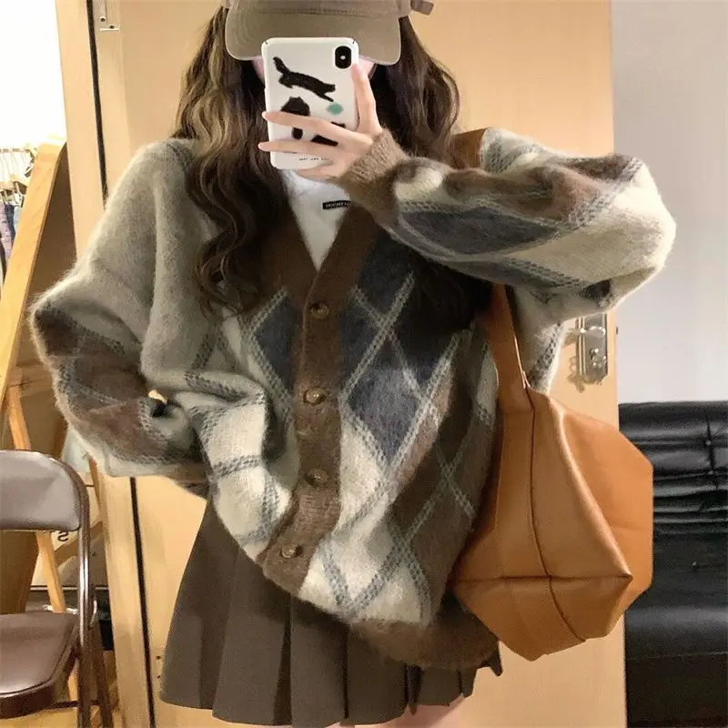 

Chaleco Mujer Vintage Diamond Check Jumper Jacket Knitted Cardigan Top