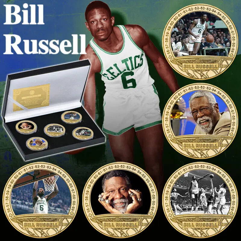 

Позолоченные памятные монеты с отделением для монет, счет Рассел, США, баскетбольная легенда, МВП, вызов, спортивные сувенирные подарки
