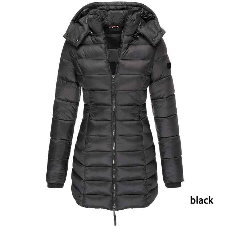 Ladies Parkas Female Mid-length Solid Slim Fit Coat Thick Down Jacket Women's Winter Overcoat Casual Long Sleeve Warm Black Red