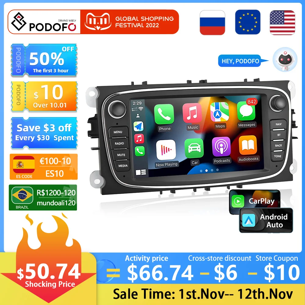 

Podofo Car Android CarPlay Radio Multimedia Player For Ford/Focus II/Mondeo MK4/S-Max/Galaxy/C-Max/Kuga GPS Navigation 8+128G