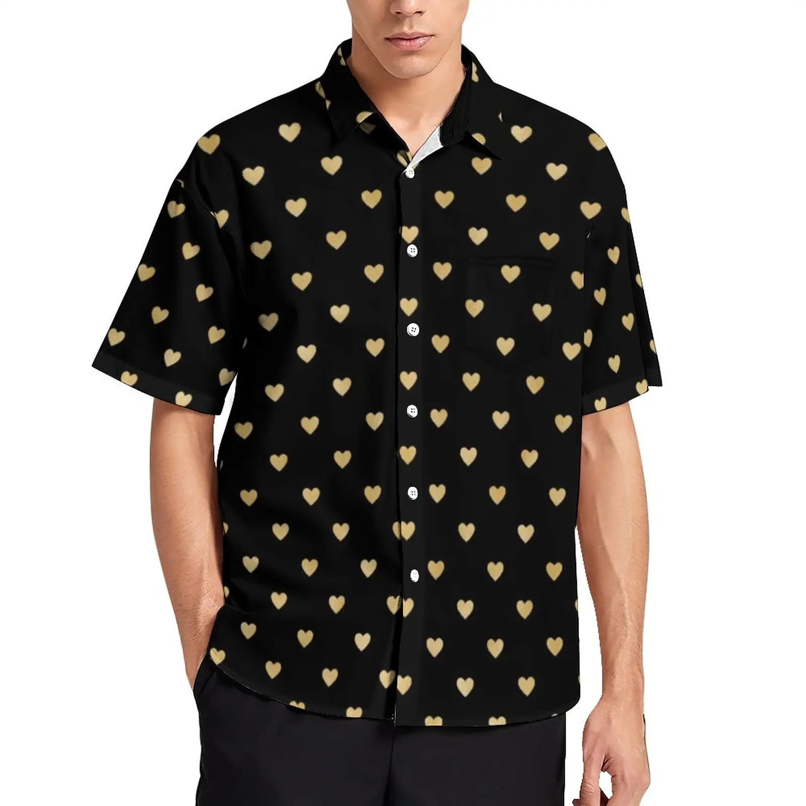 

Heart Print Beach Shirt Scattered Gold Hearts Hawaiian Casual Shirts Men Harajuku Blouses Short-Sleeve Printed Tops Plus Size