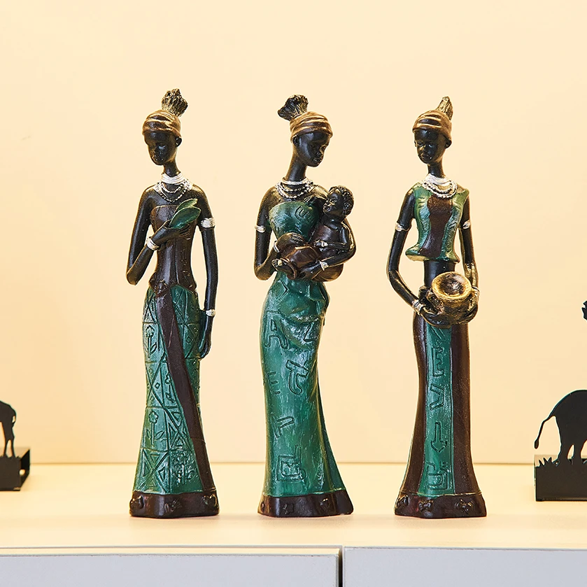 

3 Pack Statues African Woman Sculpture Girl Polyresin Exotic Tribal Lady Sculptures & Figurines Home Decor Statue Art Craft Gift