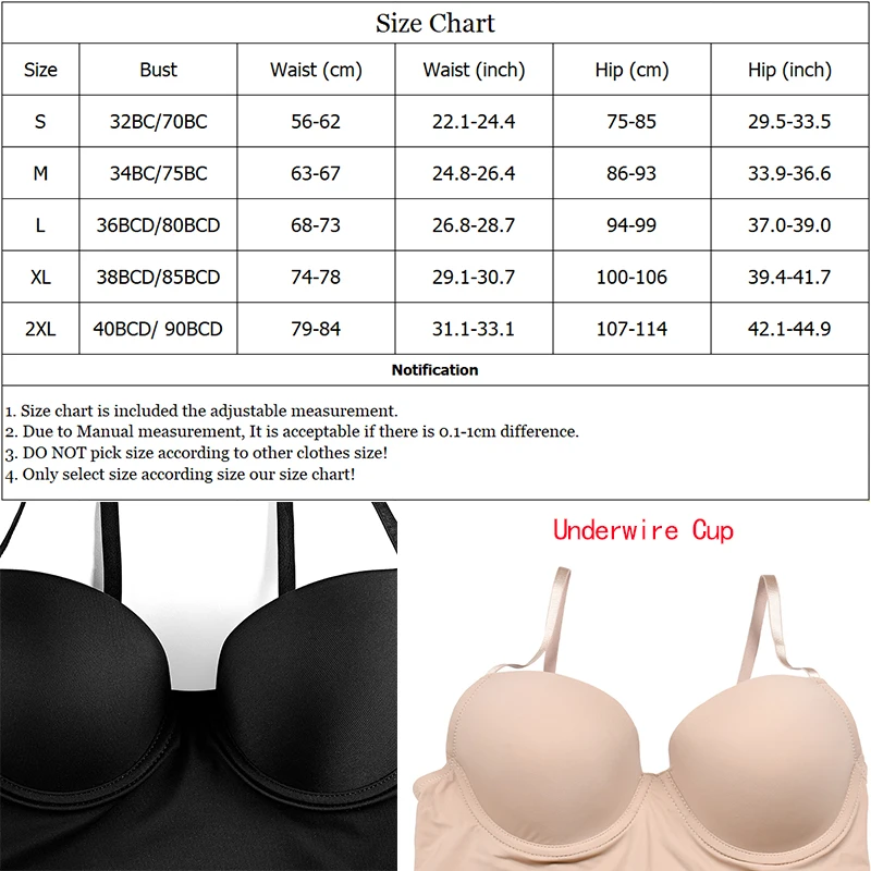 Wechery XXL Full Control Slips With Underwire Cup Women Body Shapers Stretchable Safety Underwear Dress Strap Black