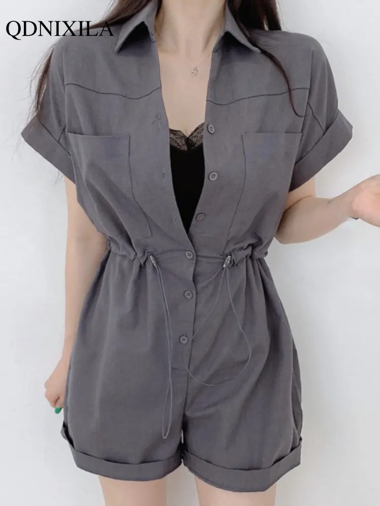 2023 Summer New Women's Shorts Bodysuits Korean Fashion Basics Drawstring Waist Jumpsuit Women Casual Vintage Wide Leg Shorts