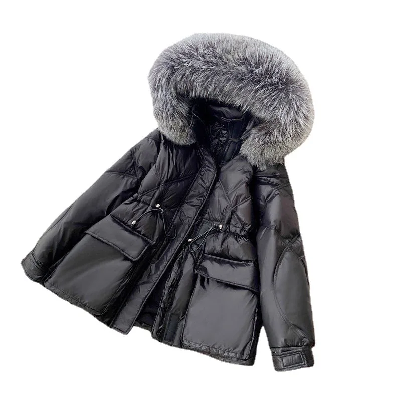 Winter New Short Padded Jacket Women Elegant Drawstring Slim Fashion Coat Office Warm Jacket Big Fur Collar Anti-Sub Coat Women