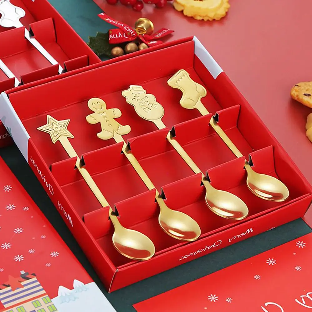 

4 шт./компл. рождественские украшения для дома, нержавеющая сталь, рождественские кофейные ложки, десертная ложка, искусственные новогодние подарки