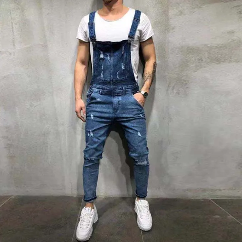 Men's Jeans Fashion Casual Strap Jeans One-piece Loose Men's Jeans Four Seasons Blue New Business Casual Work Wear Pants Men