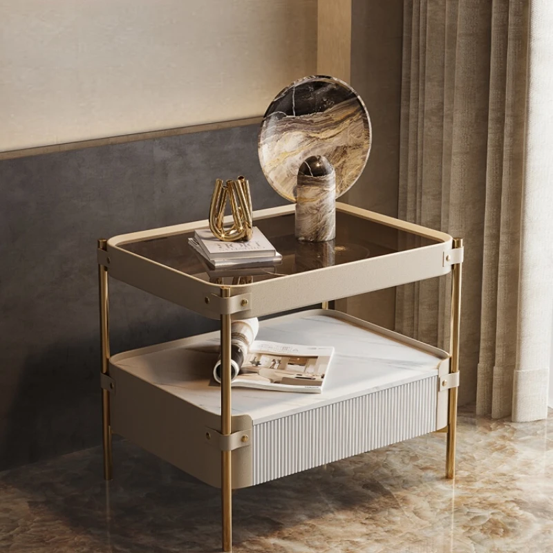 

Stone slab bedside table designer leather light luxury glass solid wood bedside cabinet smart bedroom storage cabinet