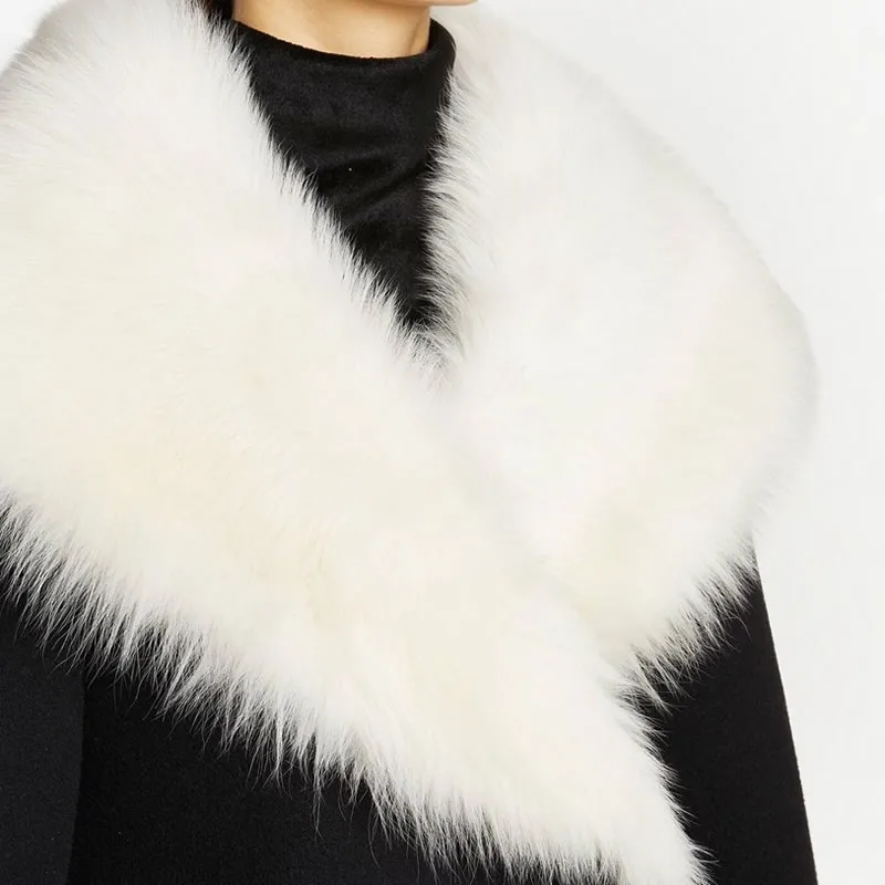 Черное шерстяное пальто для женщин большой меховой воротник тяжелый дизайн