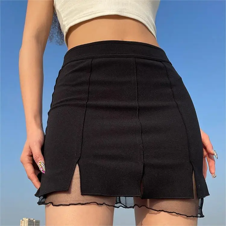 

Женская короткая юбка с разрезом, однотонная сетчатая облегающая юбка средней посадки в повседневном стиле для девушек, весна-лето