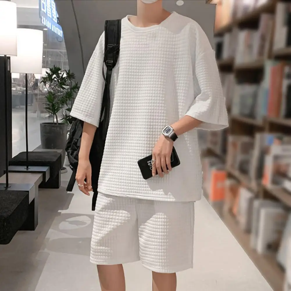 

2 Pcs/Set Men T-shirt Shorts Set Stylish Wide Legs Solid Color Lady Garment Sweatshirt Shorts Set Summer T-shirt Shorts Set
