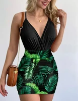 2022 summer new womens 2 piece sexy cross wrap jumpsuit and tropical printed skirt set miniskirt