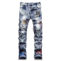 hip hop ripped pleated casual jeans trousers washed streetwear embroidery denim pants for male slim fit straight
