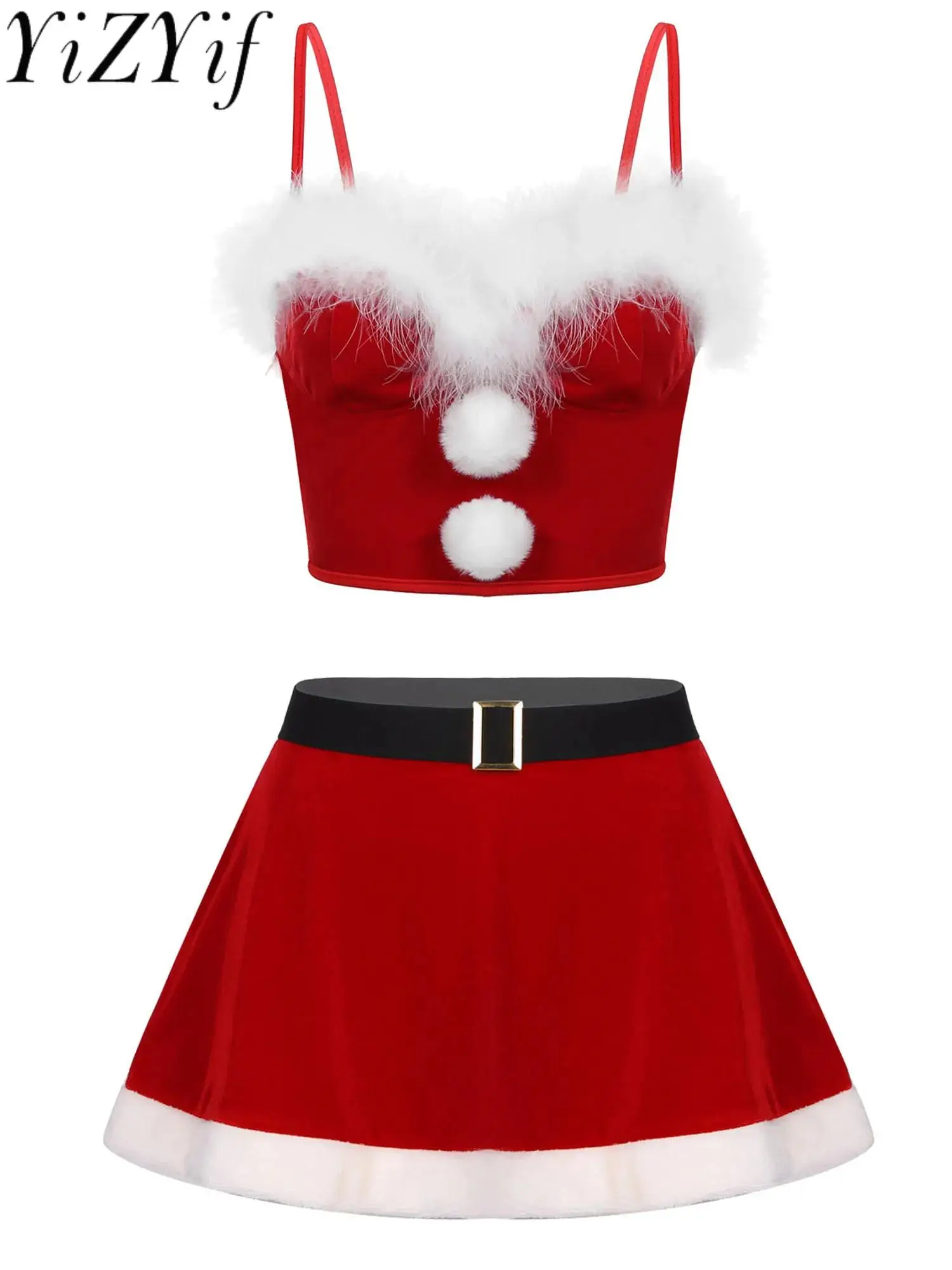 

Women 2 Piece Mrs Santa Costume Push Up Cami Crop Top and Flared Mini Skater Skirt Set Xmas Theme Party Rave Christmas Uniform