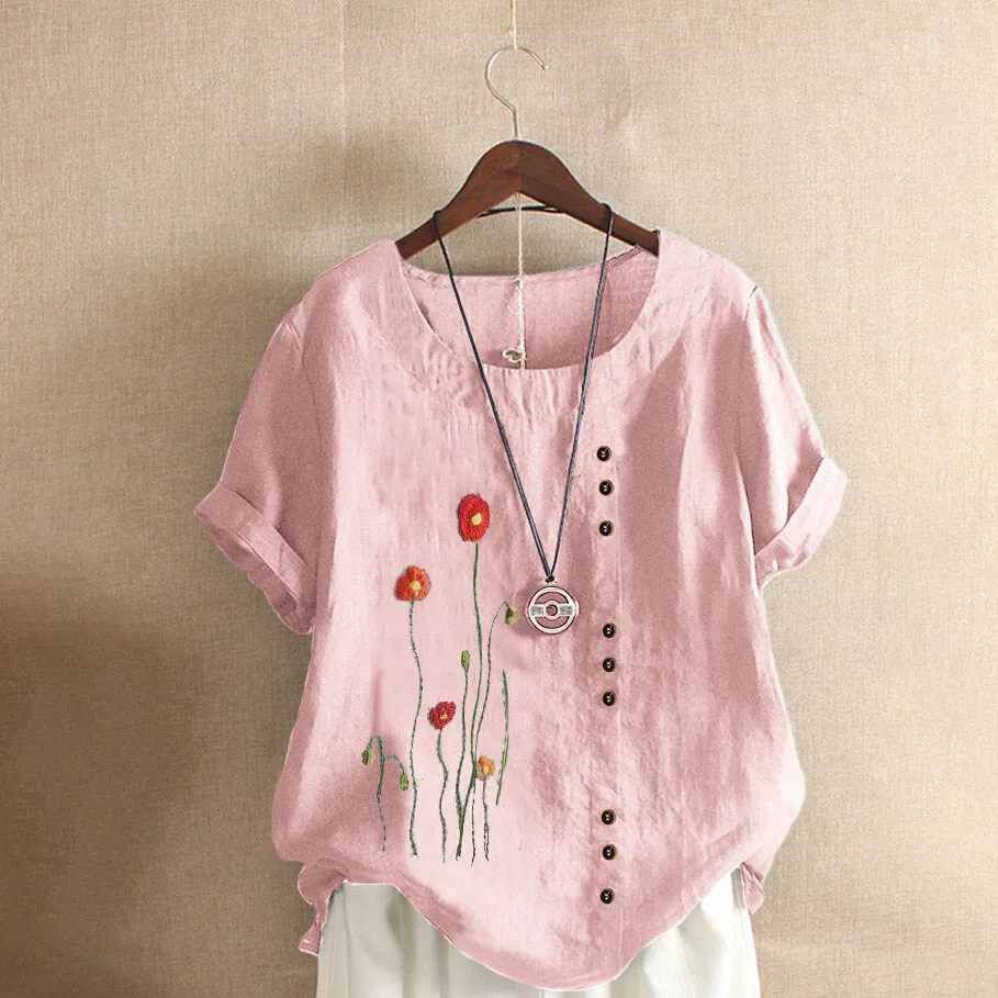 

Summer Buttons Tops Vintage Floral Print Short Sleeve White Blouse Blue Casual Loose Cotton Linen Blouses Ladies Blusa Feminina
