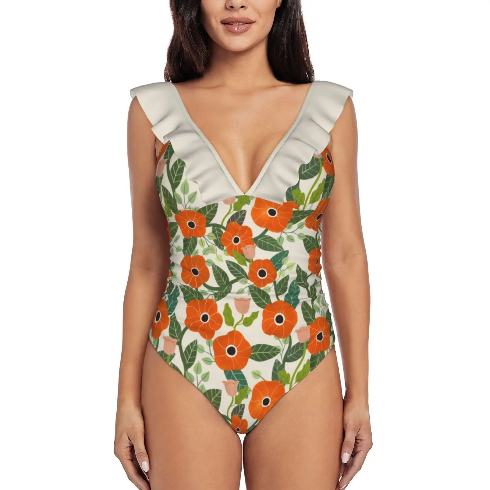 

Купальник женский сплошной с оборками и цветочным принтом