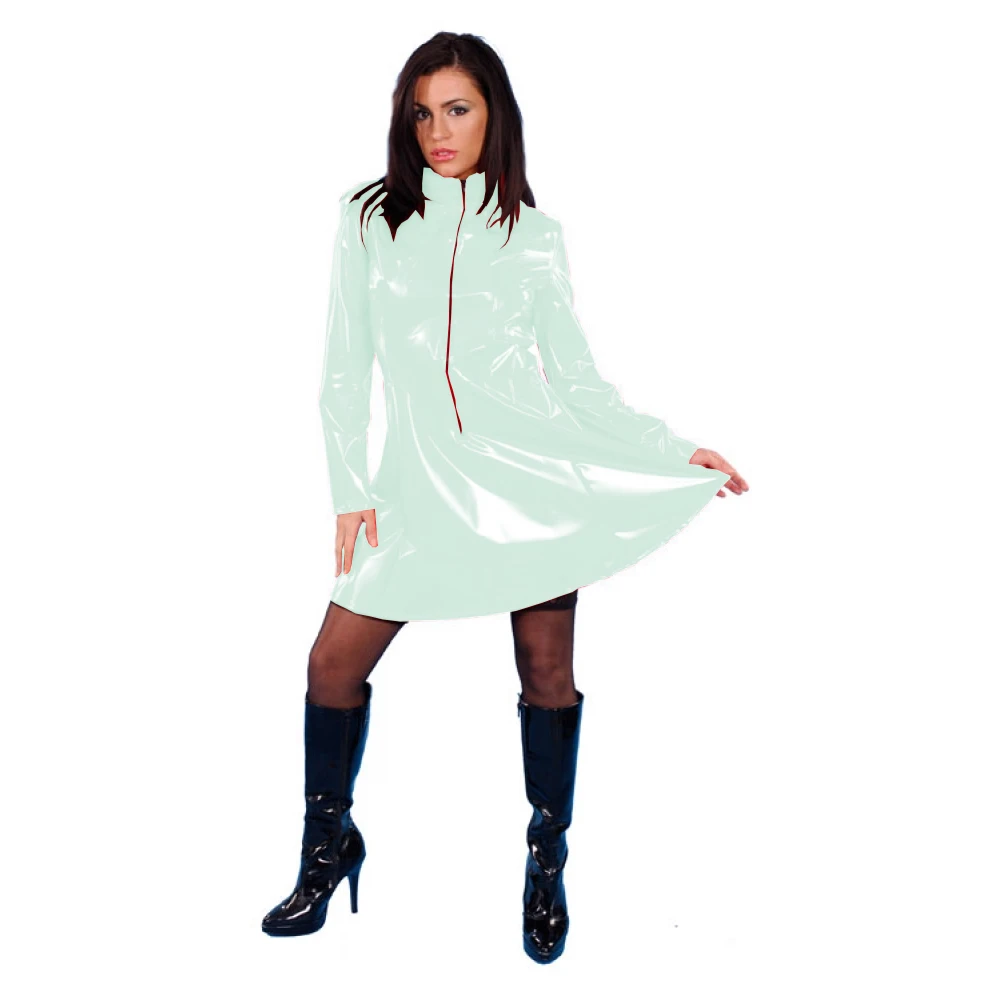 Блестящее платье в стиле панк из ПВХ с длинным рукавом на молнии спереди