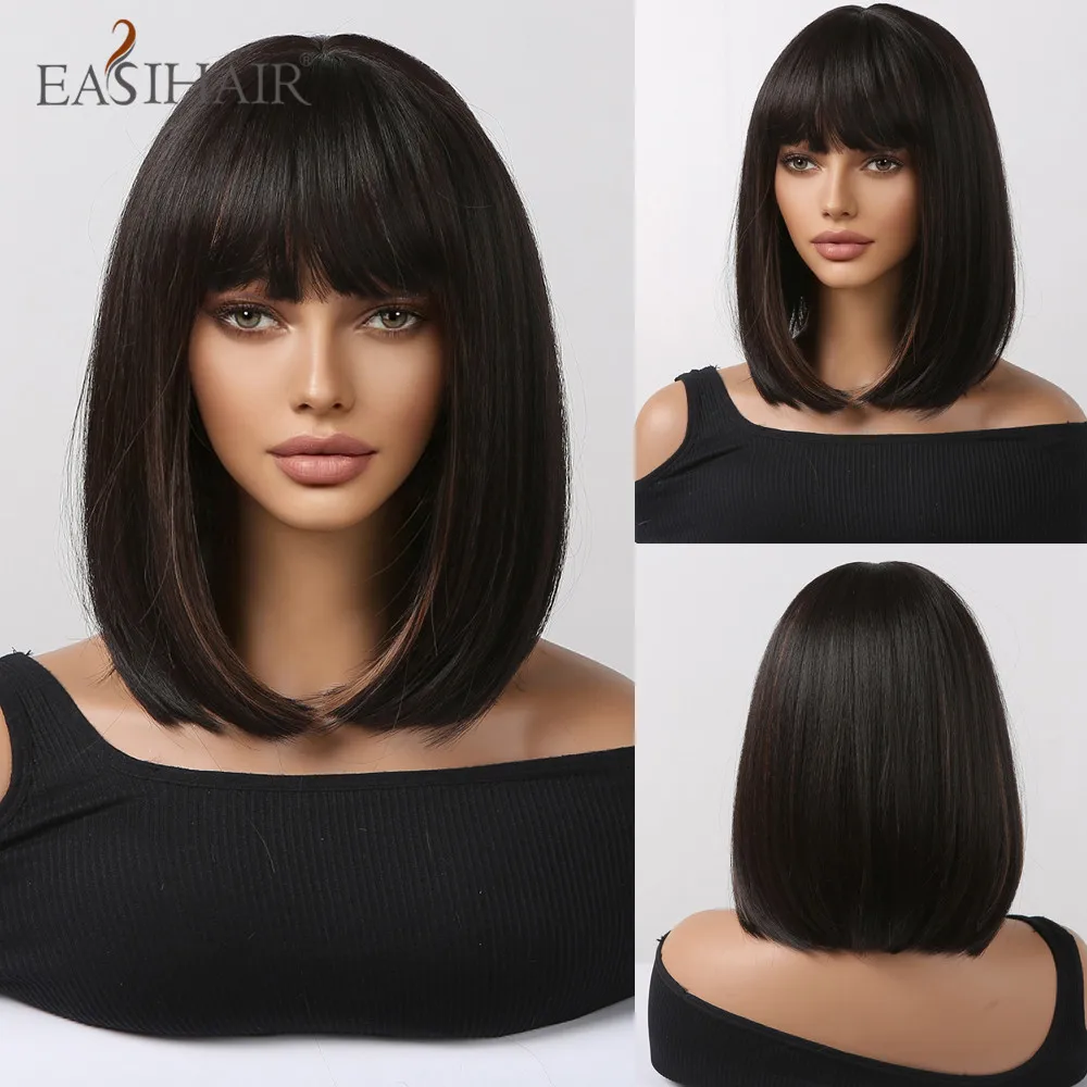 

EASIHAIR Short Straight Synthetic Wigs with Bangs Shoulder Length Brown Hair Wigs for Women Daily Cosplay Party Heat Resistant