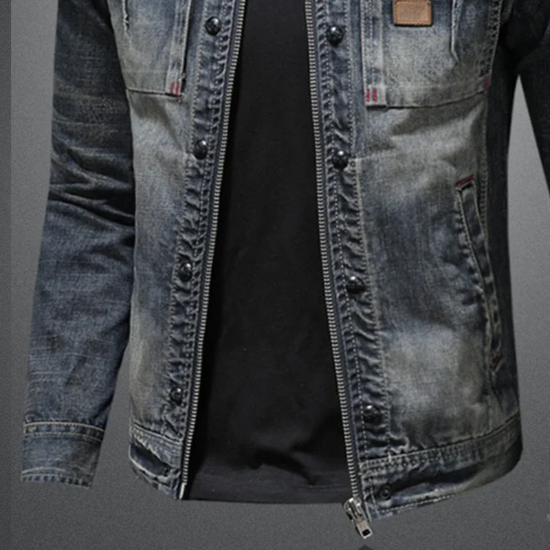 Осенняя мотоциклетная джинсовая куртка в Корейском стиле мужская приталенная