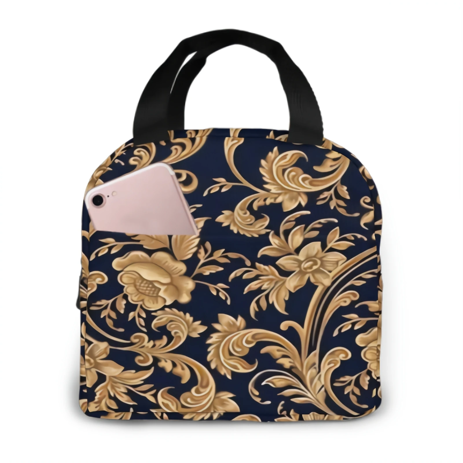 

Gold Floral Lunch Box with Adjustable Shoulder Strap Reusable Zipper Cooler Tote Bag for Work,Picnic,Camping