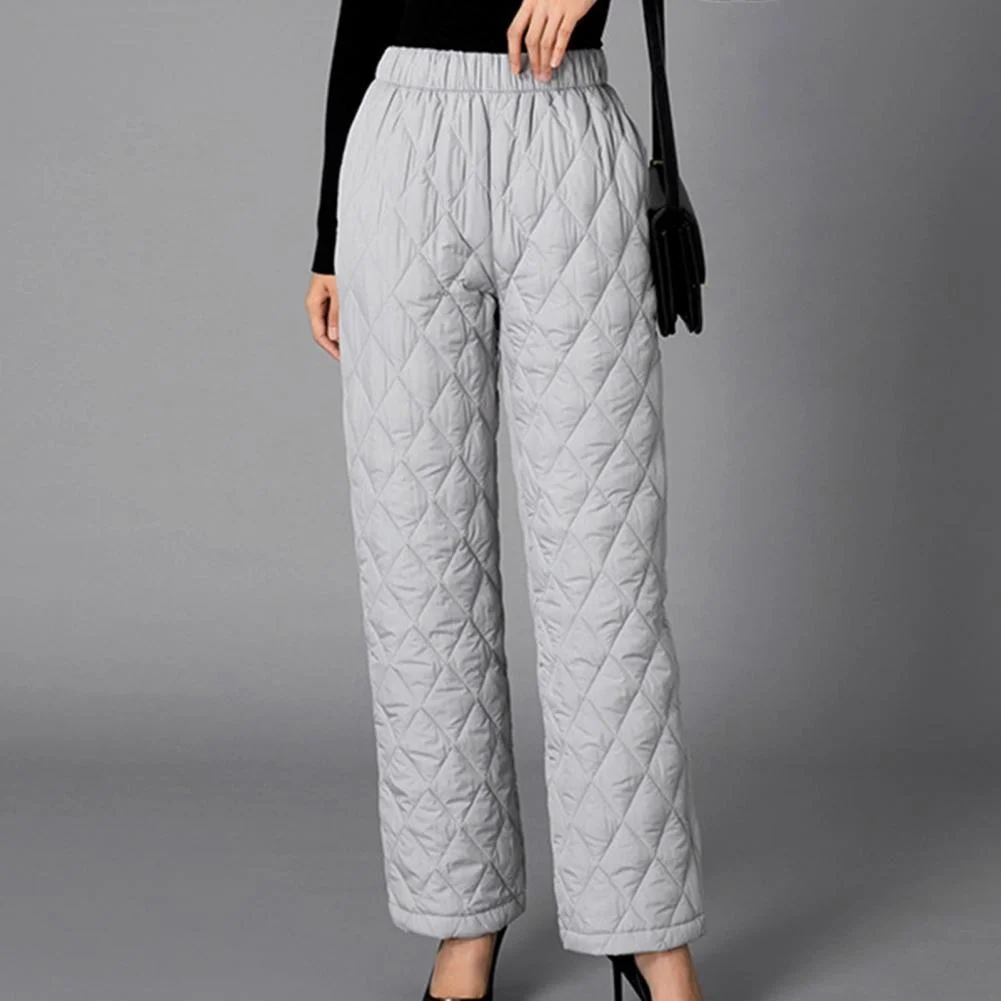 

Winter Cotton Pants Rhombic Lines Side Pockets Women Thickened Padded Pants Elastic Waist Straight Wide Leg Quilted Trousers