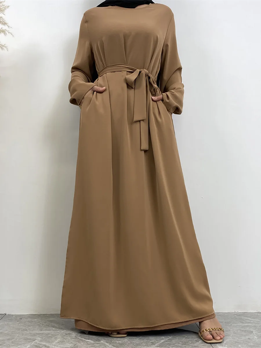 

Ramadan Eid Djellaba Nida Silky Muslim Dress Dubai Fashion Inside Abaya Full Length Muslim Robes Islam Robe With Belt WY1332