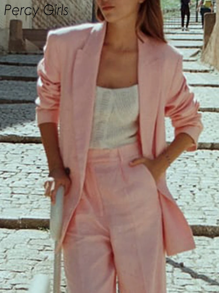 

2022 Za New Fashion Office Lady Style Solid Double Breasted Flax Blazers Women Casual Chic Pockets Blazer Female Outwear