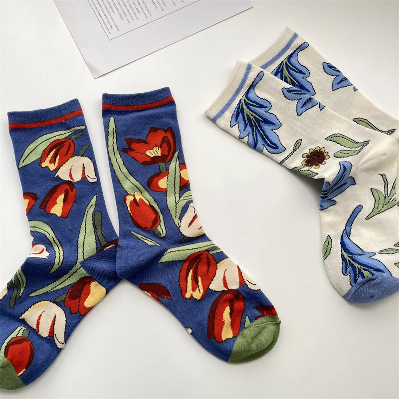 Модные женские носки с цветочным принтом зимние и весенние хлопковые защитой от
