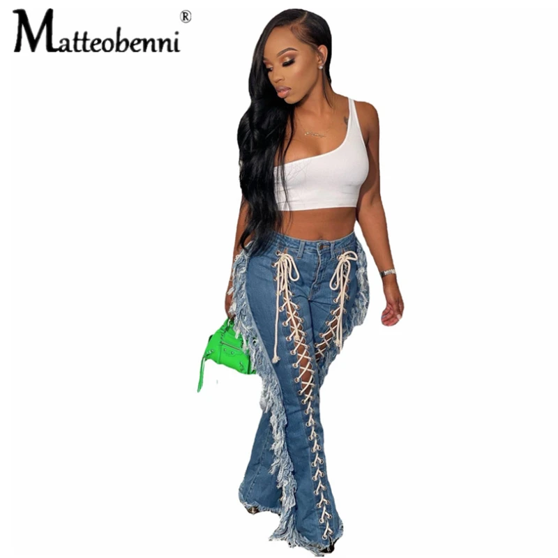 Summer 2022 Sexy Women's Cross Bandage Denim Trousers Hollow Eyelet Threading Streetwear Long Denim Trousers Women's