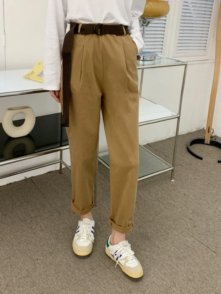 

Solid Mid Waist Cotton Straight Casual Women Pants with Sashes 2022 Spring Vintage Korean Ladies Basic Pockets Daily Trouser