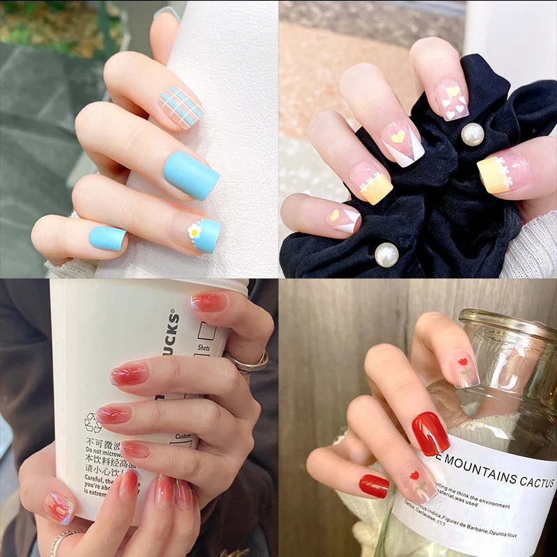 

24Pcs Short Square Ballerina Fresh Color Flower False Nails Heart Star Speckle Design DIY Artificial Fake Nails Press On Nails