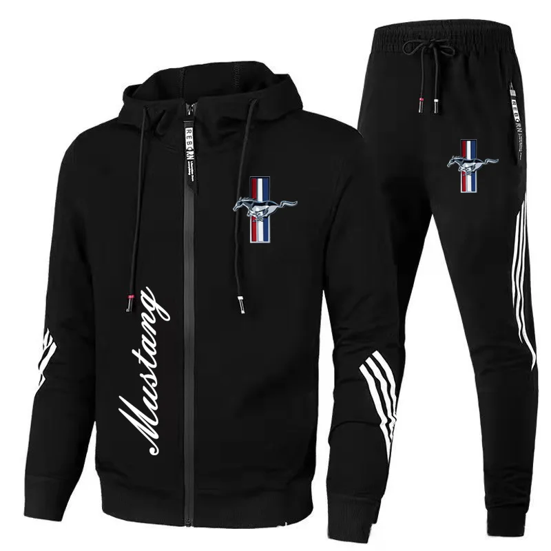 New Men's Sportswear Ford Mustang Car Logo Printed Hooded Sweatshirt+Trousers Casual Fit Running Fitness Men's Sportswear 2PK