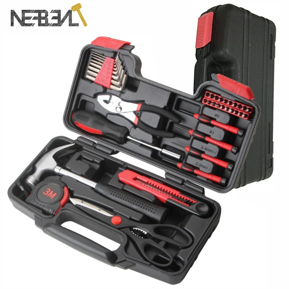 NEFBENLI 39pcs DIY Hand Tool Set General Household Repair Kit With Plastic Toolbox Storage Case Hammer Screwdriver Knife