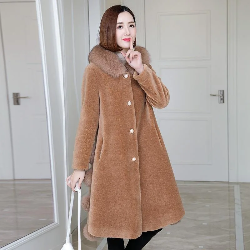2022 new sheep shearling coat women's mid-length fur one fox fur grain wool fur coat
