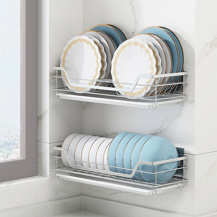 Kitchen Dish Drying Rack Stainless Steel Wall Mounted Plates Bowls Drainer Organizer Accessories Tools Tabeware Hanging Shelf