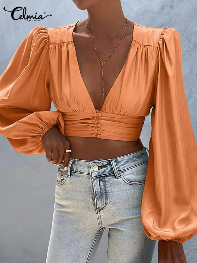 

Celmia Women Sexy Cropped Blusas Elegant Lantern Sleeve Satin Short Blouse 2022 Fashion Deep V Neck Slim Buttons Streetwear Tops