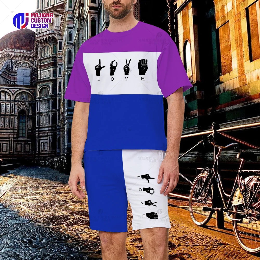 Letter LOVE & Gesture Print Men's T-Shirt Set, Crew Neck Short Sleeve Top, Graphic Shorts Men's Shirt Summer Dress