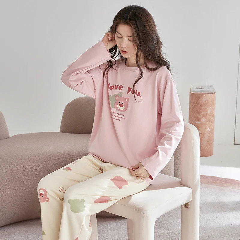 Весенняя и Осенняя пижама из 100% хлопка Женский Повседневный пижамный комплект с