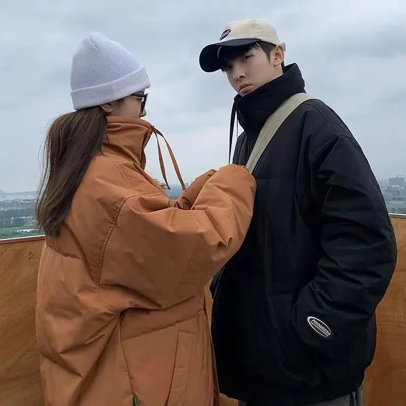 2023 Winter New Men's Cotton Coat Jacket Loose Fit Trendy Casual Versatile Couple's Outerwear Hong Kong Style Solid Color Stand