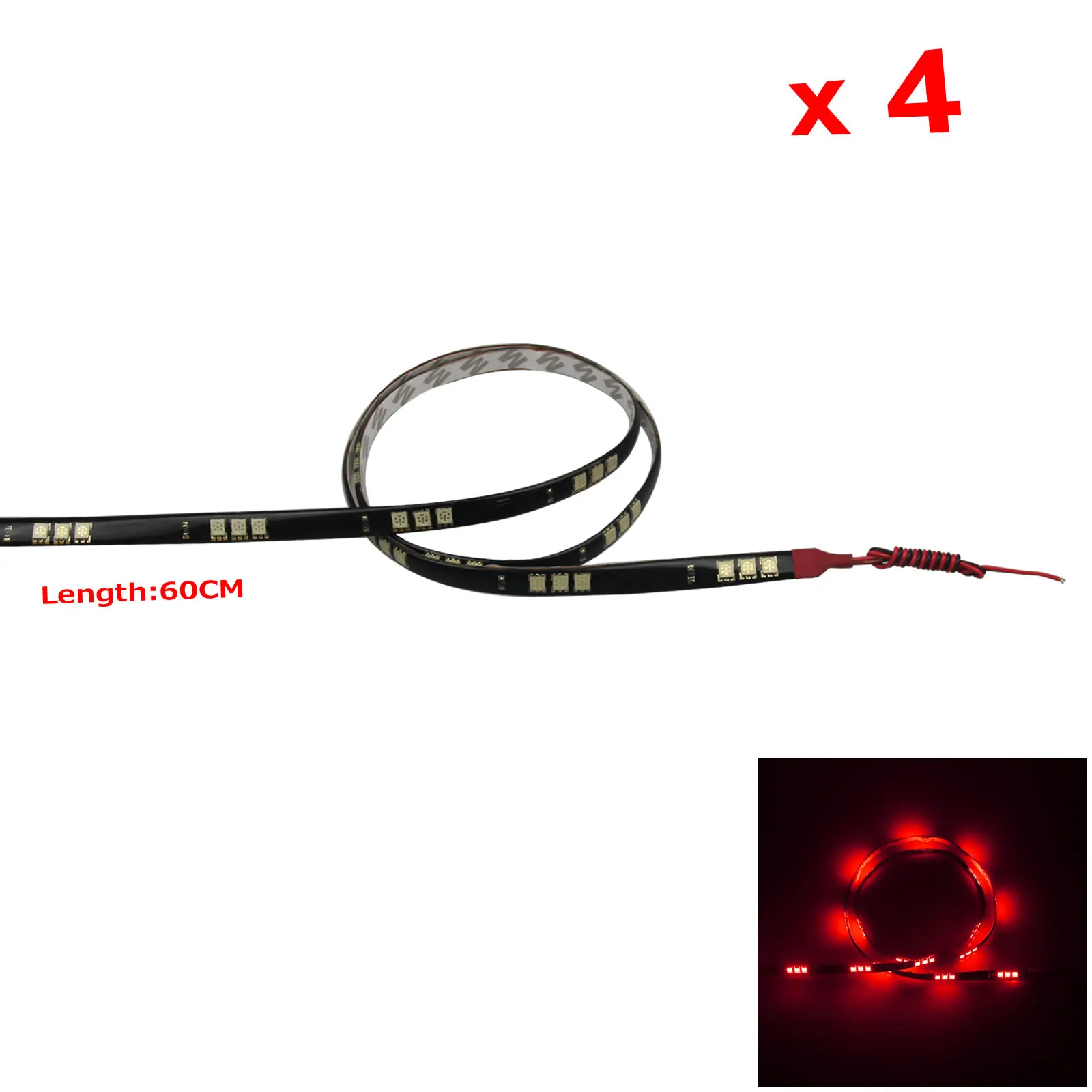 4x красная Гибкая полоса фотолампа 60 см 2 фута 24 дюйма водонепроницаемая 30 5050 с
