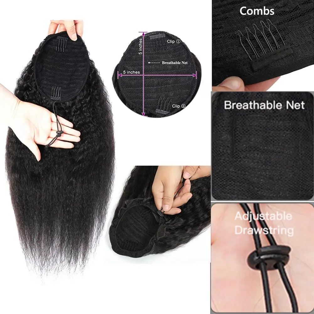 Фото Накладной хвост-шиньон Kinky Straight на резинке, натуральный черный, бразильские 100% человеческие волосы, на заколках, с обмоткой вокруг, для наращивания волос №2