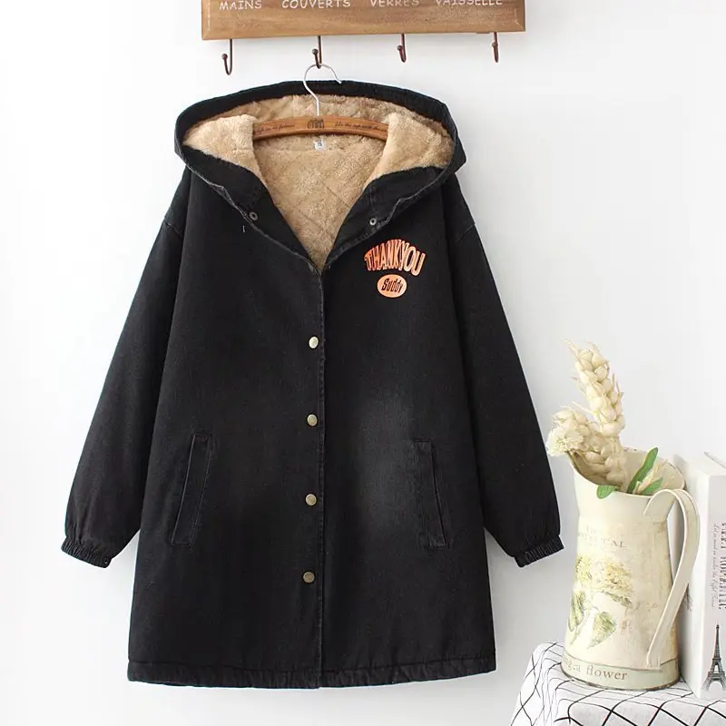 Fleece Thickened Hooded Denim Jacket Cartoon Print Single Breasted Denim Parkas Jacket Women's Vintage Washed Denim Jacket Coat
