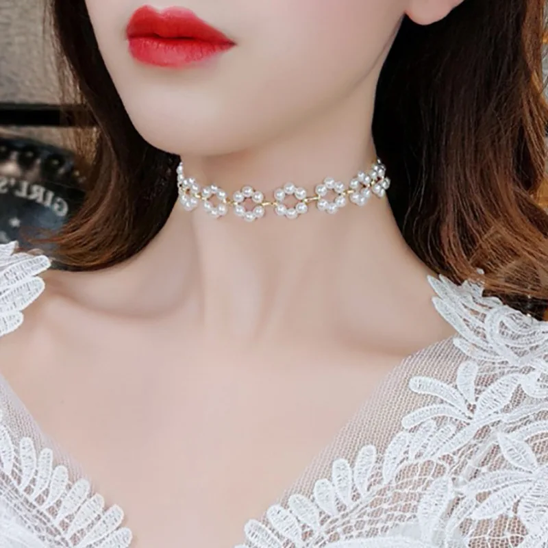 

Vintage pearl white flower choker necklaces for women korean fashion elegant delicate aesthetic simple clavicle chain 2022 trend