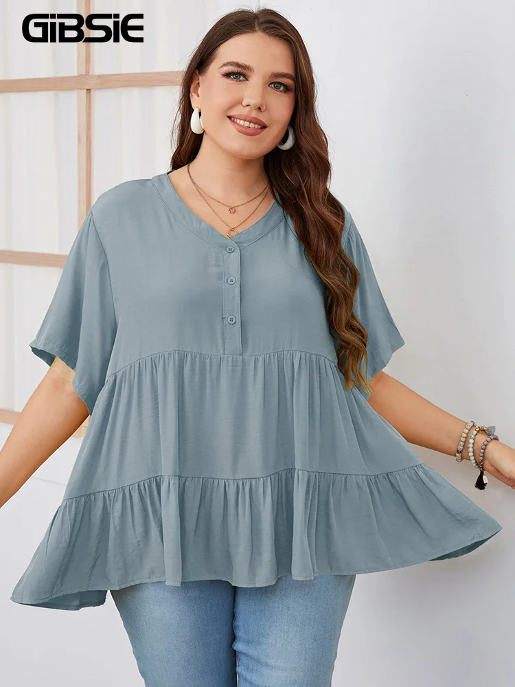 

GIBSIE Plus Size V Neck Button Front Smock Top Blouse Women Korean Casual Summer Short Sleeve Ladies Solid Loose Blouses 2022
