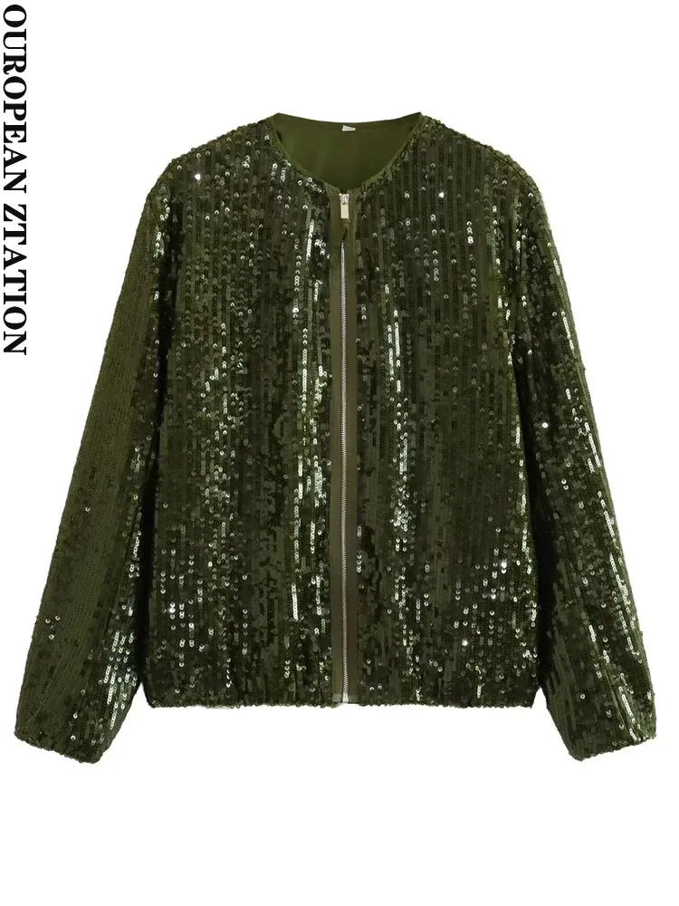 

PAILETE Женская мода 2023 с карманами блестками куртка-бомбер пальто Винтажное с длинным рукавом передняя молния женская верхняя одежда шикарные топы
