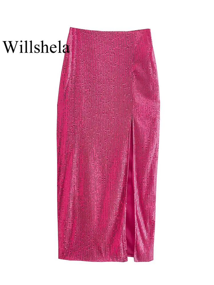 

Willshela Женская мода с блестками Однотонная юбка миди с разрезом спереди и боковой молнией винтажная Женская юбка с высокой талией