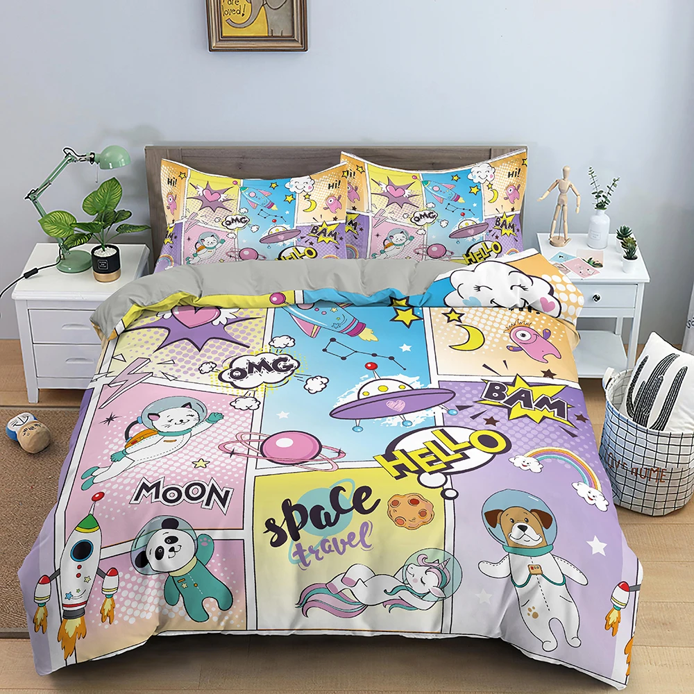 

Cartoon Cover Set Microfiber Quilt With Pillowcase King Size Bedclothes Unicorn Printed