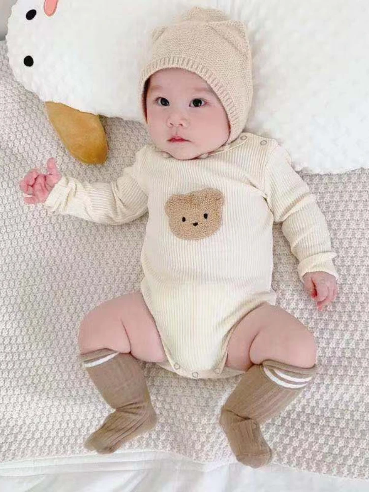 

HoneyCherry Baby long sleeve Cotton Solid Color Cute Embroidered One Piece Round Neck Romper girl baby bodysuits